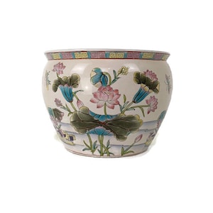 XL Vintage Chinese Porcelain   Koi Fish Bowl Planter Vase  Cachepot Flower Pot Blue Flowers