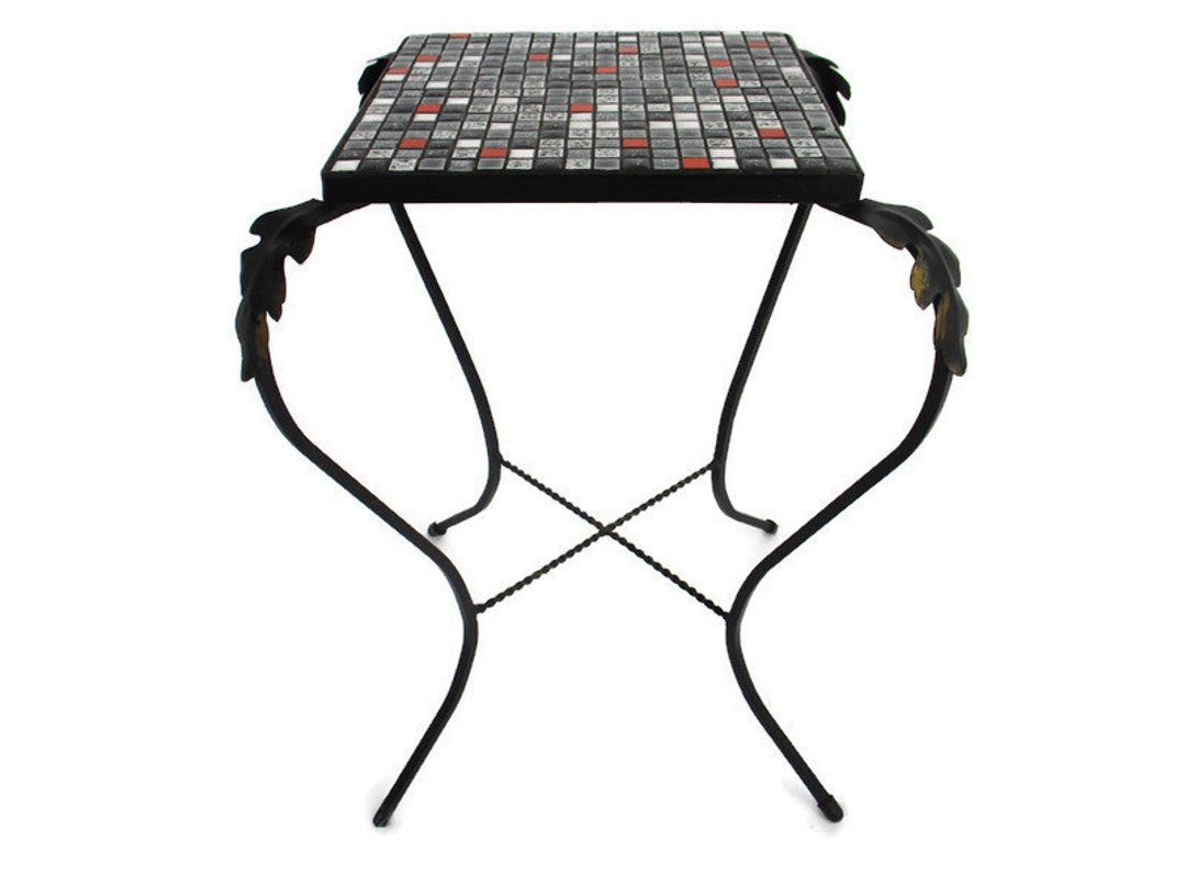Vintage Small Side Table Plant Stand Mosaic Tiles Checkered Pattern