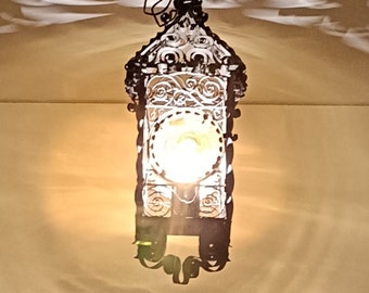 Gorgeous Pendant Wrought Iron Colored Glass Disc Lantern 1 light Vintage