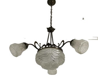 Antique Art Nouveau / Art Deco Chandelier with Frosted Glass Shades