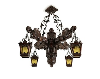 Lustre Gothique Antique en Bois de Chêne Gargouilles 1900 Énorme 4 Lumières exquis WOW