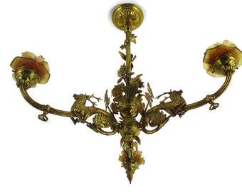 French Impressive Chandelier Bronze Doré 3 Lights Arm Ornate Deer Glass Shade