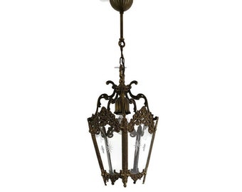 Brass Etched Glass Lantern Pendant Ceiling Fixture Vintage 1 light Chandelier