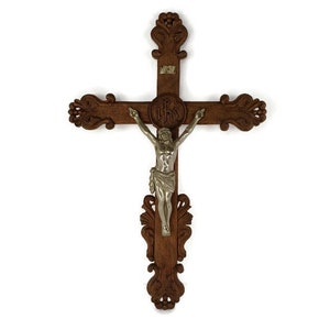 XL Handgeschnitztes Holz Hängen Verziertes Kruzifix Jesus Christus Spelter Fronleichnam Wunderschöne