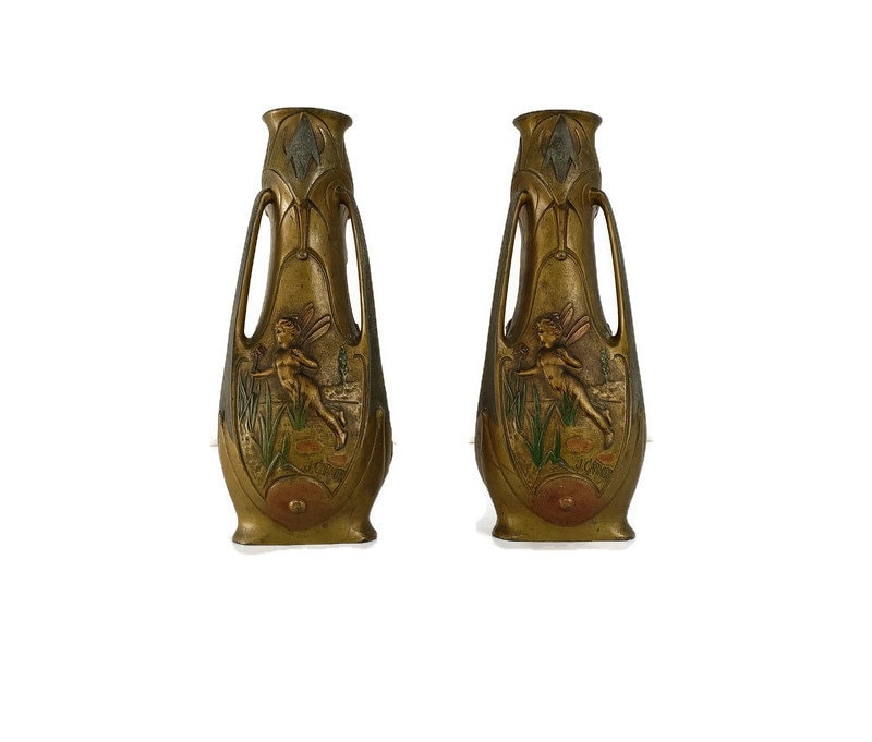 Art Nouveau Fairy Vase Pair by Jean Garnier, French Antique