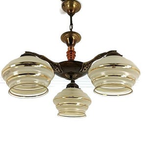 Art Deco Nouveau Chandelier 3 lights very lovely Bombé Glass shades fixture antique