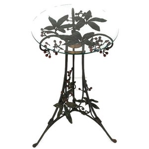 Wrough Iron Table Grapes Cast Iron Gorgeous Art Deco Side Table Pedestal Beveled Glass top