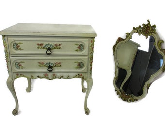 French Provincial White Crackled Chest of Drawers Wood with Mirror Florentine