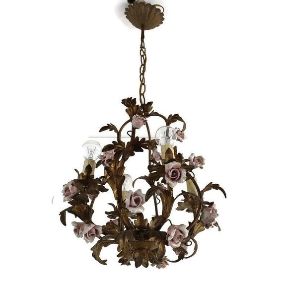 Italian Tole Leaf 4 Light Chandelier Adorned with Porcelain Flowers Italian Tole Leaf 4 Light Chandelier Adorned with Porcelain Flowers
