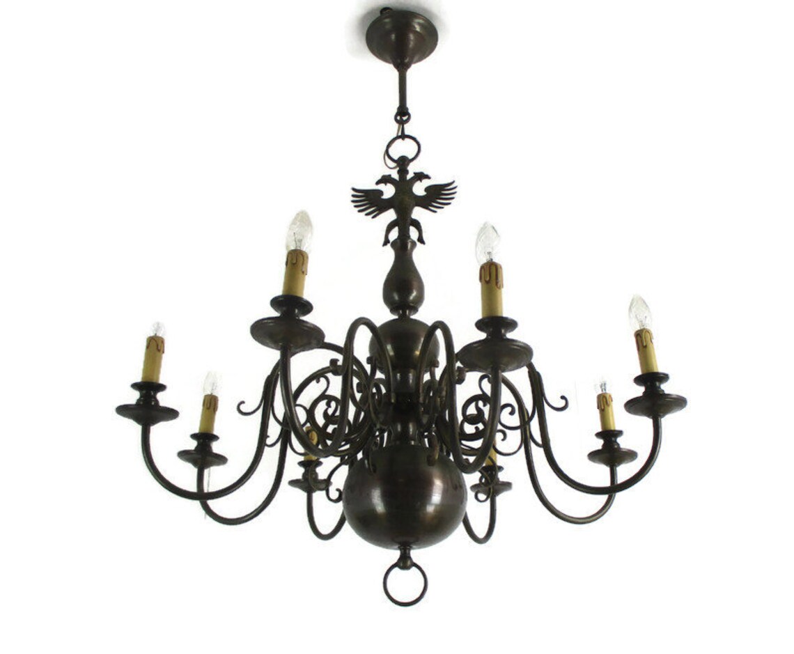 Antique Flemish Dutch Double Chandelier 8 Arms Lights Bronze Etsy