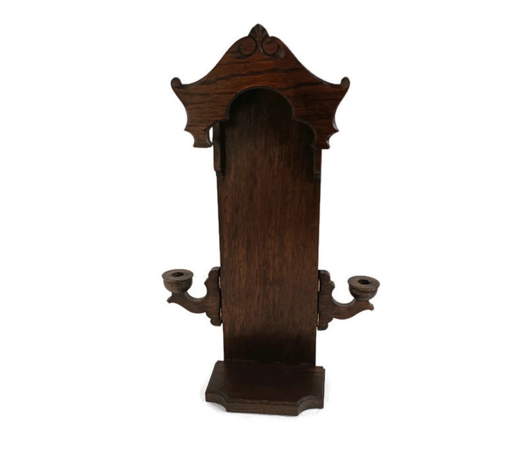 Vintage Carved Wooden Chapel Niche for Statue With Candle Holders HTF