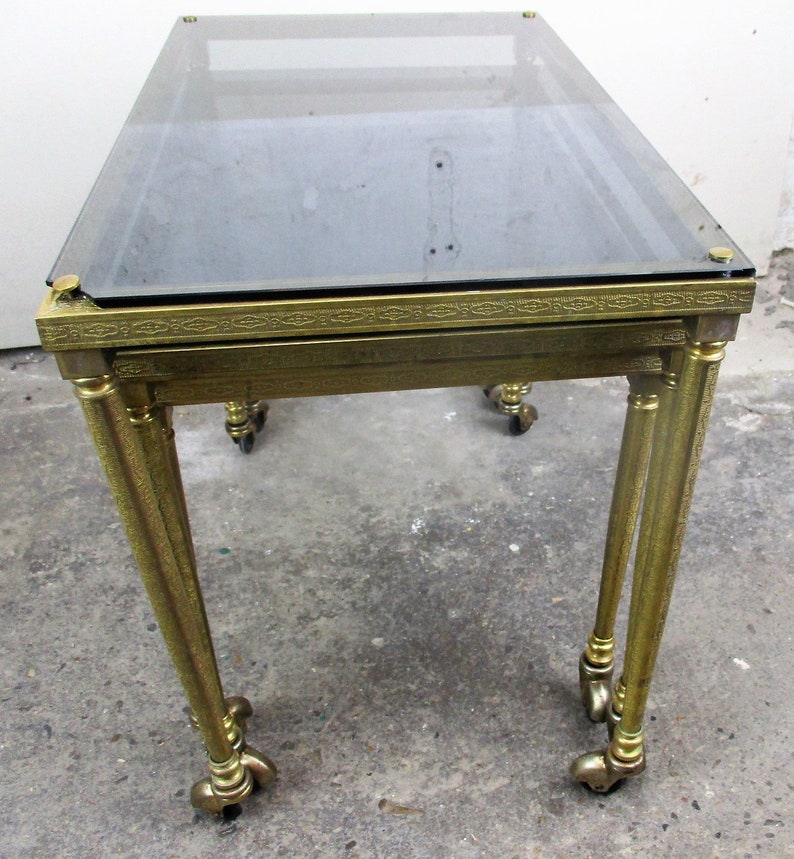 Vintage Nesting Coffee Side Tables Brass Glass Bar Cart Wheels Etsy
