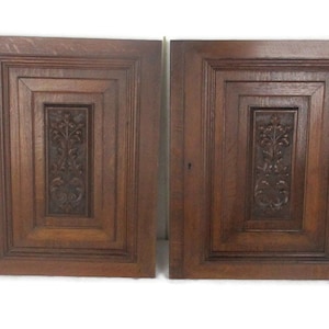 Pair Antique Hand Carved Oak Leafs Door Panels Architectural Salvaged WOW