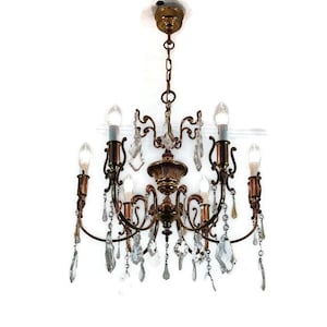 French Chandelier Romantic with Prisms Gold Gilded Brass Vintage fixture Lamp Hollywood regency