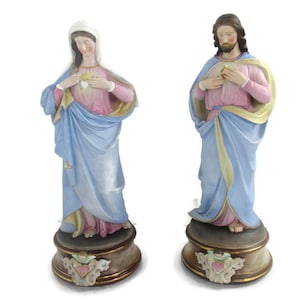 Coppia grandi statue antiche in porcellana Vergine Maria Madonna Gesù Cristo Sacro Cuore WOW
