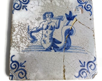 1700s  - 1600s Antique Delft Tile Dutch Decorative Merman Blue white Extremely rare