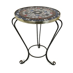 Side Round Table Plant stand Ceramic Tiles  Mosaic wrought Iron Legs lovely vintage Funky