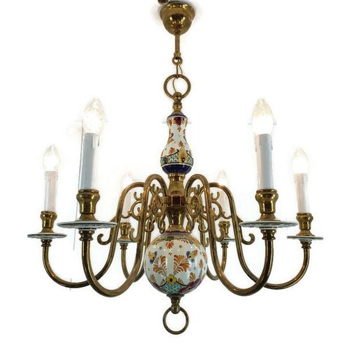 Chandelier 6 Arms Lights Ceramic Porcelain Ceramic Polychrome Delft  Mid Century Country style