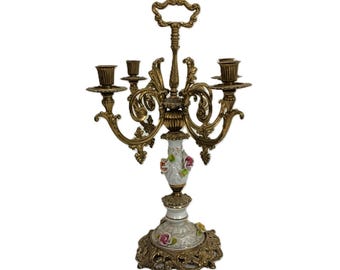 Vintage Candelabra candle stick brass porcelain 3d flowers Modernist 4 arm