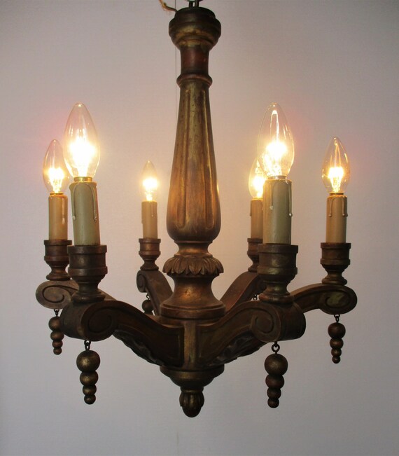 Small Hand Carved Wooden Chandelier Ornate 6 Arm Country Farmhouse