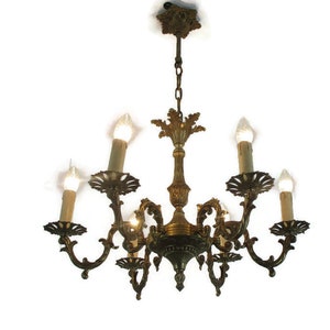 Chandelier 6 Lights Brass Hollywood Regency Ornate Mid Century Modern Vintage