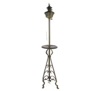 Lampadaire Arts and Crafts ancien avec abat-jour en verre, laiton belge
