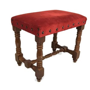 Vintage   Footstool Foot rest ottoman red fabric Hobnails Wood