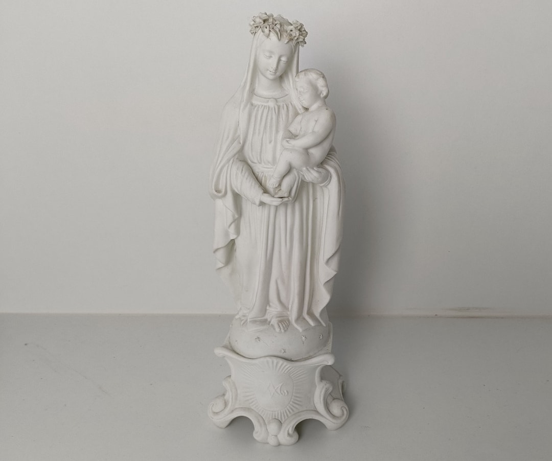 Antique 1900 Bisque Statue Virgin Mary Our Lady Madonna Infant Jesus ...
