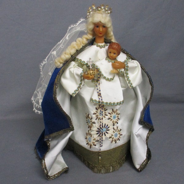 Hand Made Wax Madonna Virgin Mary Our Lady with Infant Jesus Figurine Doll Made by Nuns