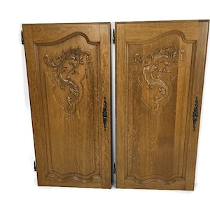 pair Antique Hand Carved Wooden  Door Panels Reclaimed Architectural Salvaged
