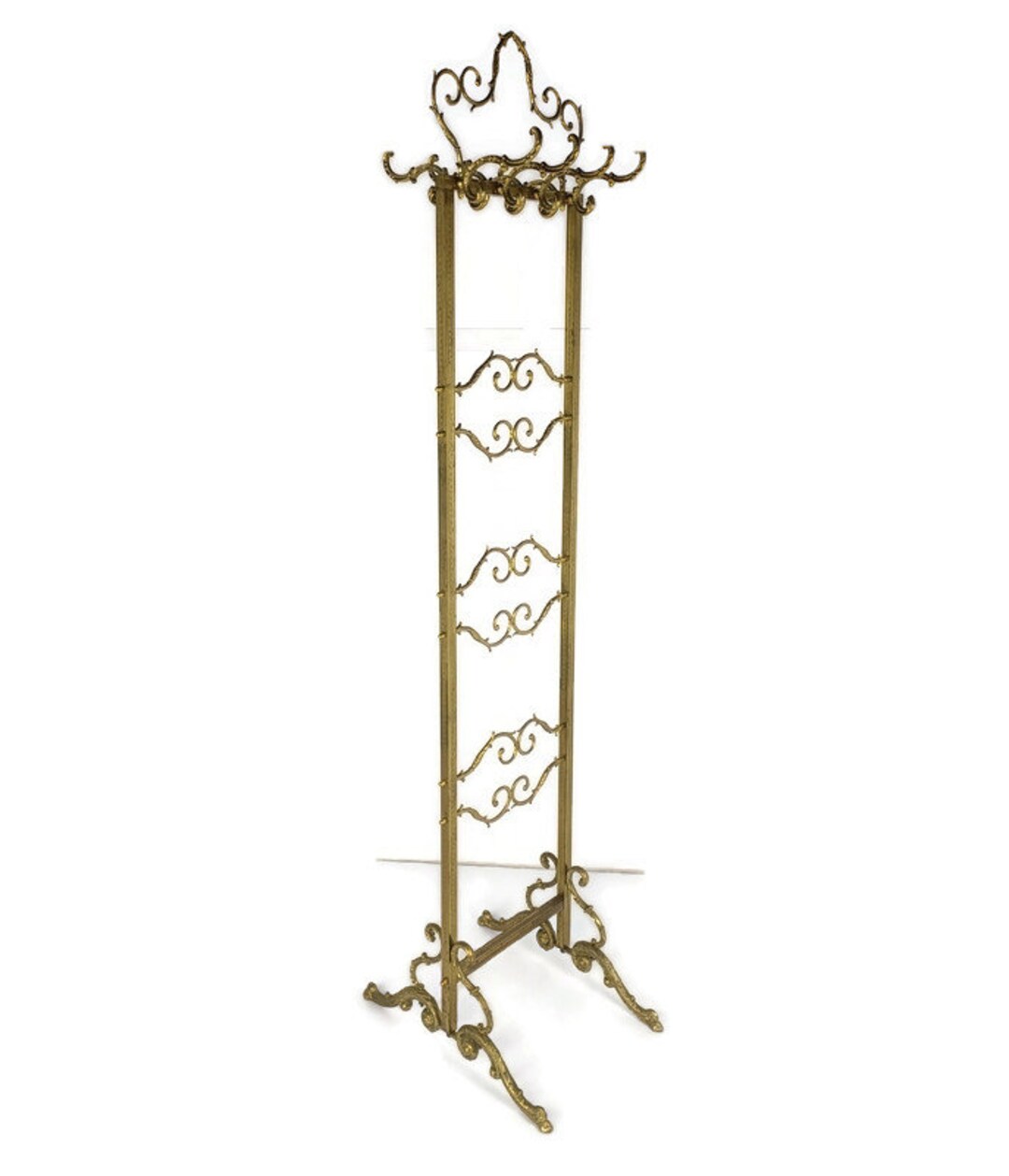 Vintage Hall Tree Coat Hat Rack Standing Brass Ornate Hollywood Regency ...