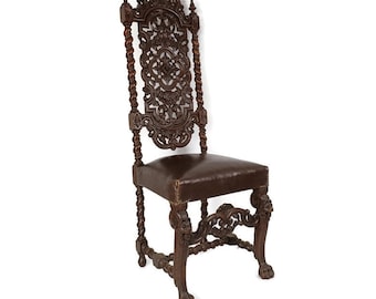 Antique Barley Twist Hand carved Wood Chair Leather Seating Ornate Gorgeous Gothic WOW