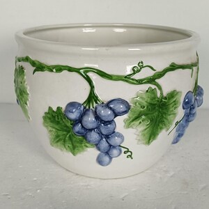 Może przedstawiać: Biała ceramiczna donica o zaokrąglonym kształcie. Donica jest ozdobiona zielonymi winoroślami i kiściami niebieskich winogron. Wzór jest wypukły, co daje efekt 3D. Idealna do użytku wewnątrz i na zewnątrz.