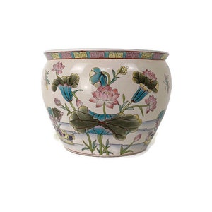 Vintage Chinese Porcelain Enamel  Koi Fish Bowl Planter Vase Birds Flowers Cachepot  Blue Flowers 12&quot;