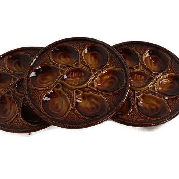 St Clement Set of 3 French Oyster Plates  Brown Faiance Porcelain  Vintage