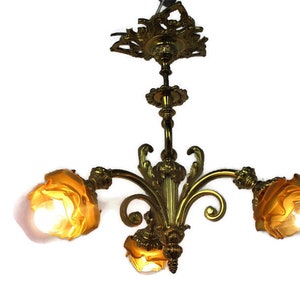 Vintage Chandelier 3 arm Lights Ornate Bronze Art Glass Gorgeous Amber Sconces