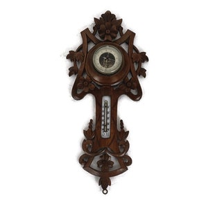 German Hand Carved Wood Barometer Thermometer Weather Station black forest style