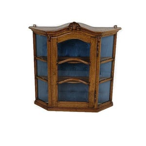Ornate Carved Wood glass doors Display Cabinet Blue Velvet Modernist Vintage