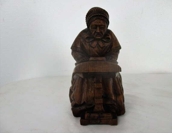 Hand Carved Wooden Statue Woman Bruges Brugge Lace Maker Folk Art Lovely Sculpture
