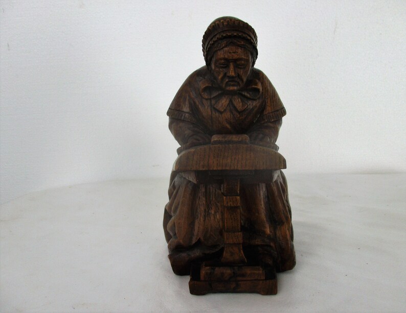 Hand Carved Wooden Statue Woman Bruges Brugge Lace Maker Folk Art Lovely Sculpture
