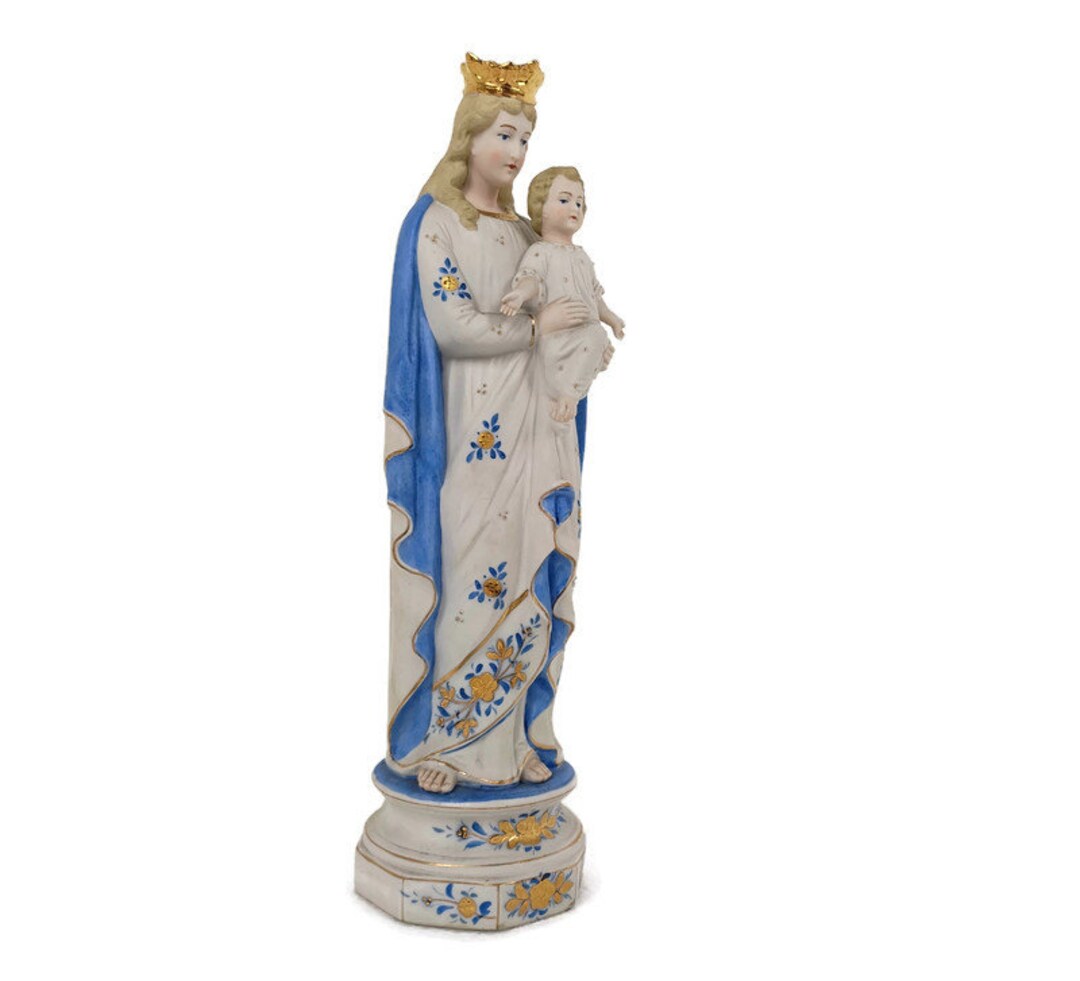 French Antique Bisque Statue Virgin Mary Lady Madonna With Infant Jesus ...