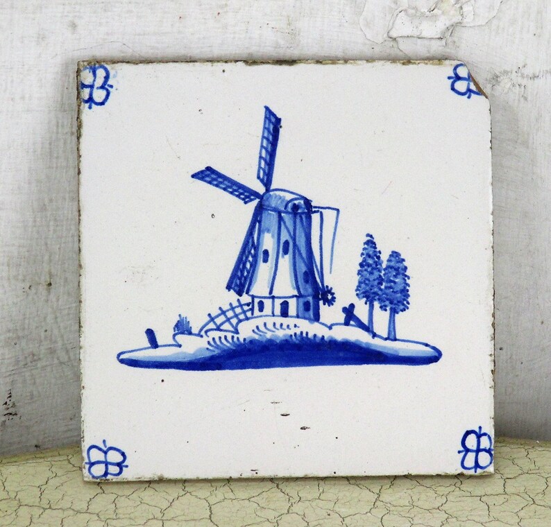 Antique Delft Tile Dutch Blue White Landscape Windmill Image 0