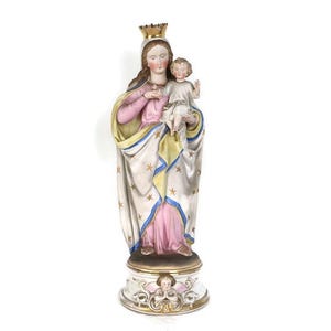 L Estatua antigua de bisque francesa Virgen María Señora Virgen Infante Policromada Antigua