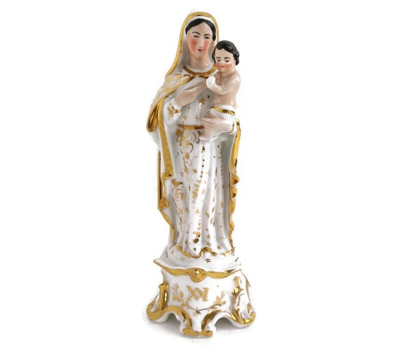 Ancienne Statuette Vierge à L'Enfant - Porcelaine De Paris - XIXe Siècle