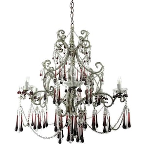 Large Macaroni Chandelier 6 Lights Red Beaded Drops Prisms Centerpiece Wood HTF