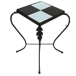 Retro Small Side Table Plant stand Mosaic tiles Checkered pattern Wrought Iron