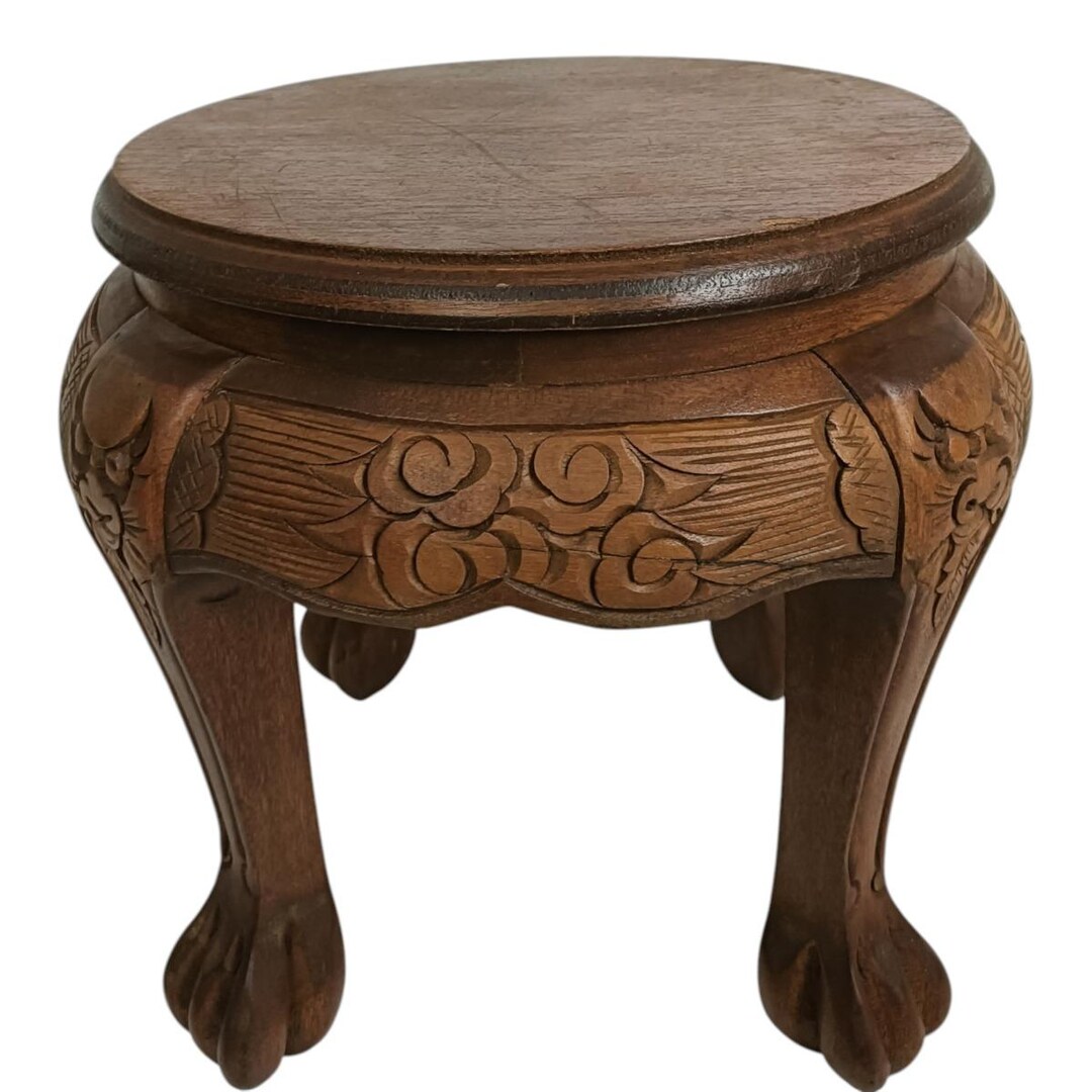 Vintage Hand Carved Wooden Side Table Chinese Plant Stand Brown Round ...