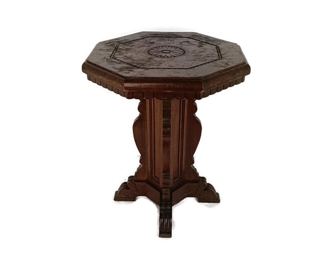 Side Table Ornate Carved Wood Vintage Occasional Pedestal Plant Bonsai ...