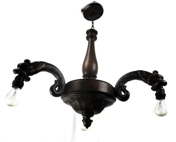 Gothic Hand Carved Wood Chandelier 3 Lights Arms Ceiling Light Etsy