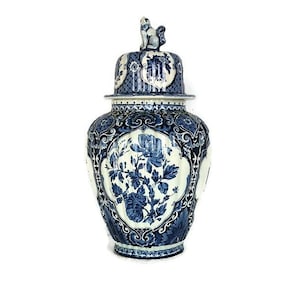 Royal Sphinx Maastricht Marked Delft Vase Urn Blue White Foo Dog  Large Modernist